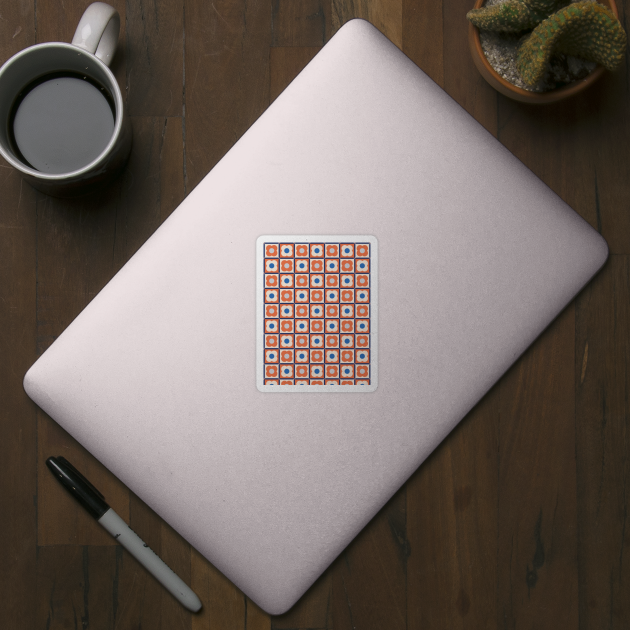 Retro Floral Checker Pattern Apricot Crush, Blue by tramasdesign